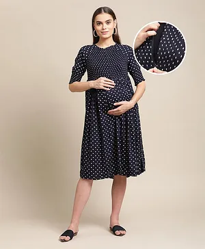 Bella Mama Half Sleeves Maternity Dress Polka Dots Print - Blue