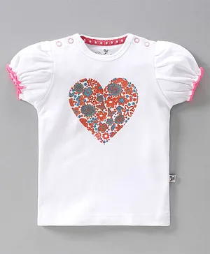 Buzzy Short Sleeves Heart Shape With Flower Print Top  - White