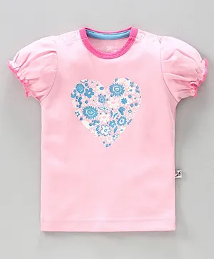 Buzzy Short Sleeves Heart Shape With Flower Print Top  - Pink