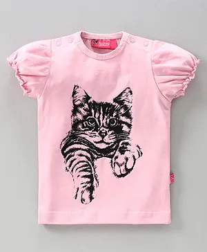 Buzzy Short Sleeves Cat Print Tee - Pink