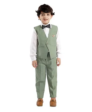 Alles Marche 3 Piece Solid Full Sleeves Party Suit With Waistcoat Trousers And Bow Tie - Green