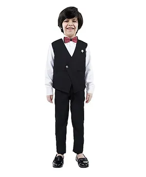 Alles Marche 3 Piece Solid Full Sleeves Party Suit With Waistcoat Trousers And Bow Tie - Black