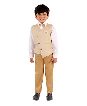 Alles Marche Solid 3 Piece Full Sleeves Party Suit With Waistcoat Trousers And Bow Tie - Beige