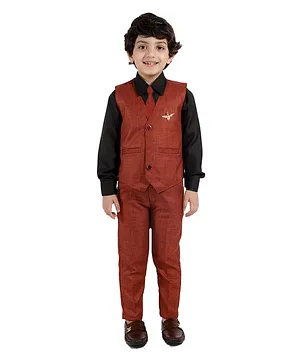 Alles Marche Solid 3 Piece Full Sleeves Party Suit With Shirt & Waistcoat With Trousers And Tie - Dark Brown