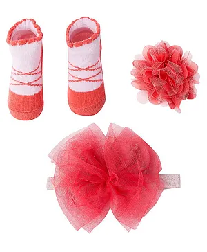 Baby Moo Socks With Floral Headband & Clip - Peach