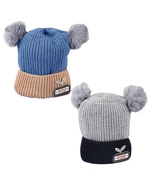 Baby Moo Pack Of 2 Pom Pom Design Caps - Blue & Grey