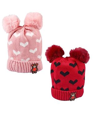 Baby Moo Pack Of 2 Pom Pom Design Hearts Print Caps - Red & Pink