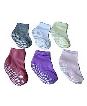 MOMISY   Anti-Skid Ankle Length Socks with Grip Pack of 6 - Grey Green Blue White Pink Purple