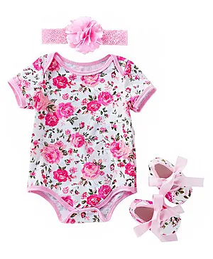 MOMISY Short Sleeves Onesie & Headband With Booties Floral Print & Applique - Pink