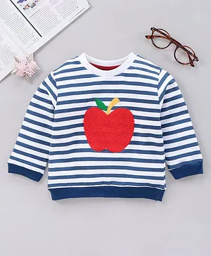 ToffyHouse Full Sleeves Stripe Tee Apple Embroidery - White Navy Blue