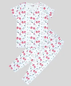Taatoom Half Sleeves All Over Strawberry Printed Night Suit - Off White & Pink