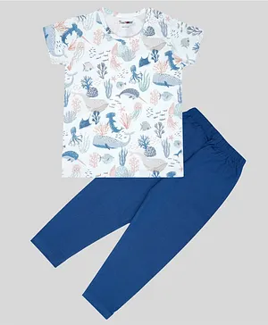 Taatoom Half Sleeves Whale & Octopus Printed Night Suit - Off White & Blue