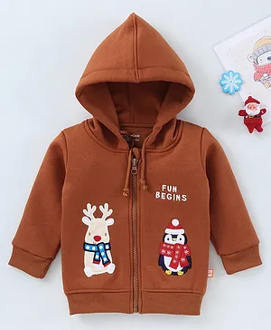 Bodycare Full Sleeves Christmas Sweat Jacket Penguin Patch - Brown
