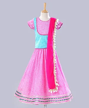 Kids Chakra Geometric Short Sleeves Choli With Dupatta & Lehenga Set - Pink