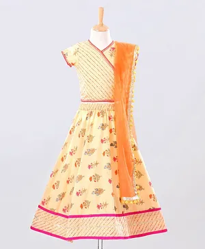 Kids Chakra Flower Print Short Sleeves Choli With Dupatta & Lehenga Set - Yellow