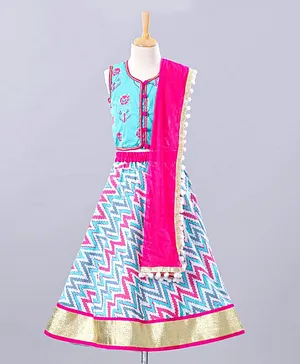Kids Chakra Flower Print Sleeveless Choli With Dupatta & Chevron Lehenga Set - Blue Pink