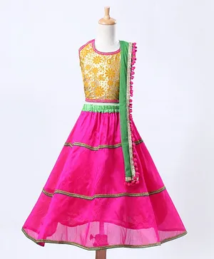 Kids Chakra Sleeveless Flower Design Choli With Lehenga & Dupatta - Rani Pink