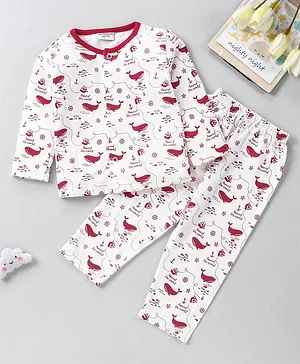 Wonderchild Full Sleeves Whale Printed Night Suit - White & Red