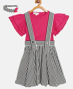 Bella Moda Short Sleeves Top With Striped Suspender Skirt & Headband - Pink
