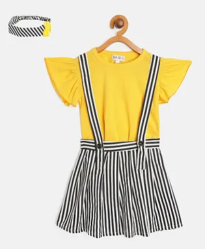 Bella Moda Short Sleeves Top With Striped Suspender Skirt & Headband - Yellow