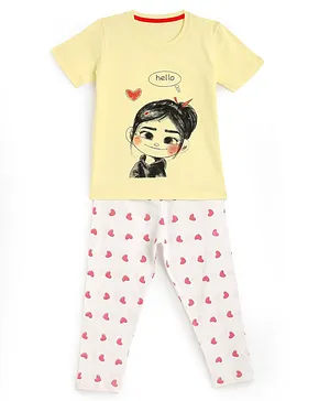 KIDSCRAFT Half Sleeves Doll Print Tee With Pajama - Cream