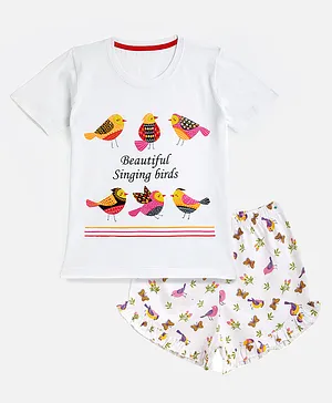 KIDSCRAFT Half Sleeves Beautiful Singing Bird Print Tee With Shorts - White