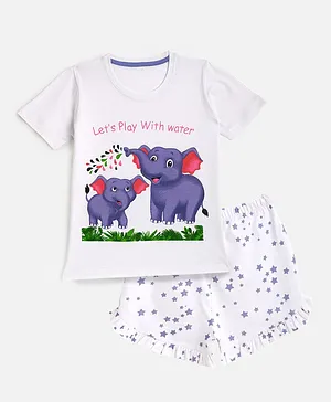 KIDSCRAFT Half Sleeves Elephant Print Tee With Shorts - White