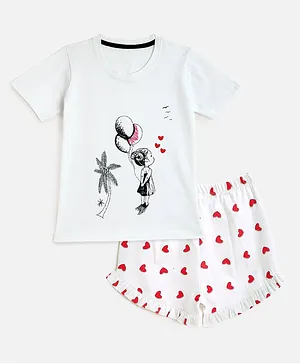 KIDSCRAFT  Half Sleeves Doll Print Tee With Shorts - White