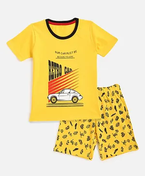 KIDSCRAFT Half Sleeves Car Print Tee With Shorts - Yellow