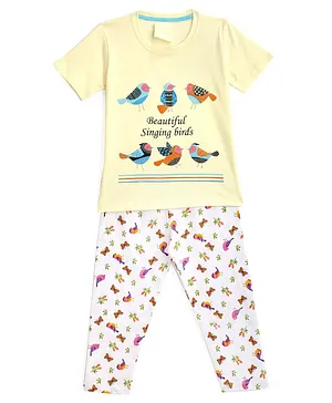 KIDSCRAFT Half Sleeves Birds Print Tee With Pajama - Yellow