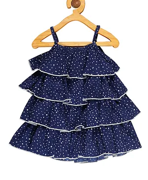 Young Birds Sleeveless Polka Dot Printed Layered Dress - Navy Blue