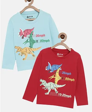 3PIN Full Sleeves Combo Pack Of 2 Dino Print Tee - Blue Red