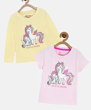 3PIN Pack Of 2 Full & Short Sleeves Unicorn Print Tee - Yellow Pink