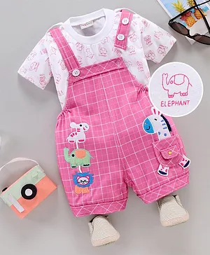Dapper Dudes Half Sleeves Tee With Animal Patch Checkered Dungaree - Pink