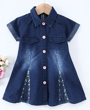 Enfance Core Half Sleeves Floral Embroidered Dress - Blue