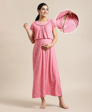 Bell Mama Short Sleeves Maternity Nursing Nighty Floral Print - Pink