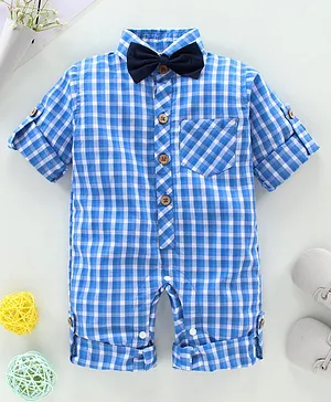 Rikidoos Full Sleeves Checked Romper With Bow - Light Blue