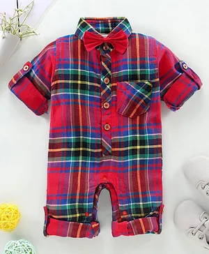 Rikidoos Full Sleeves Checked Romper With Bow - Maroon