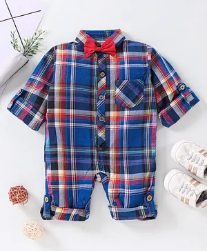 Rikidoos Full Sleeves Checked Romper With Bow Tie - Blue