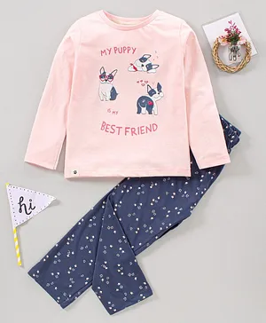 Lazy Bones Full Sleeves Top and Legging Set Puppy Print - Pink