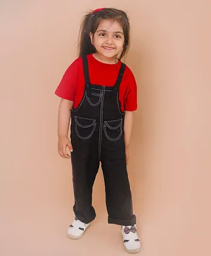 Beyabella Half Sleeves Tee With Front Pocketed Dungaree - Red