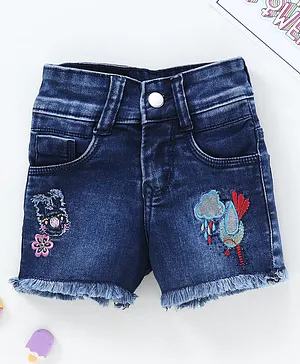 Enfance Washed Flower Embroidery Ripped Shorts - Dark Blue