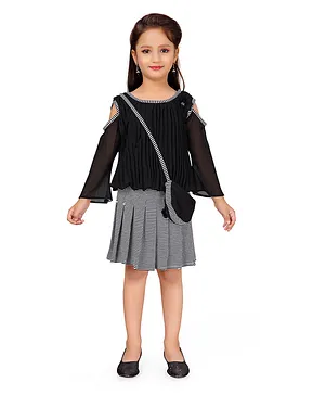 Aarika Full Sleeves Top With Printed Skirt & Sling Bag - Black