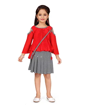 Aarika Full Sleeves Top With Printed Skirt & Sling Bag - Red