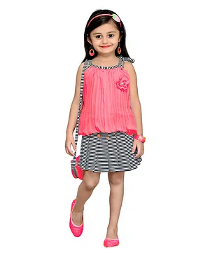 Aarika Sleeveless Flower Embellished Top With Striped Skirt - Pink