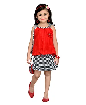 Aarika Sleeveless Flower Embellished Top With Striped Skirt - Red