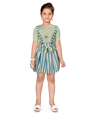 Aarika Short Sleeves Printed Tee With Striped Dungaree - Green