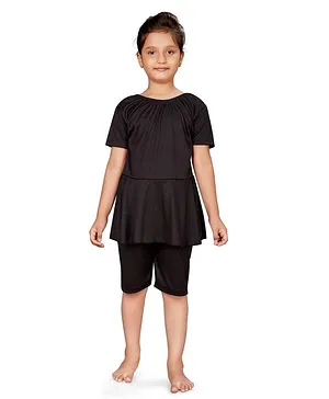 Aarika Short Sleeves Solid Swim Suit Set - Black