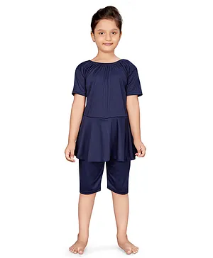 Aarika Short Sleeves Solid Swim Suit Set - Blue