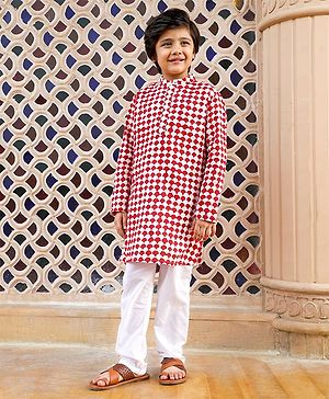 Pine Kids Full Sleeves Printed Kurta Pyjama Set - Red White